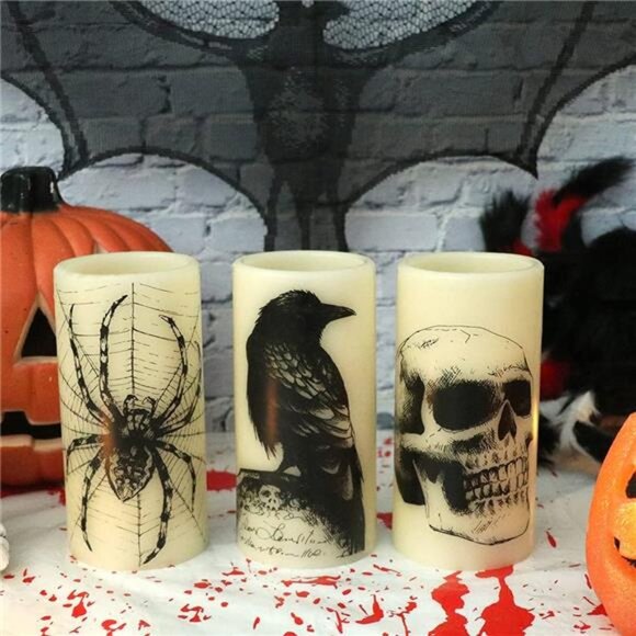 Halloween Flickering Candles with Skull, Spider Web, Crow Raven Decals Set - Picture 4 of 7